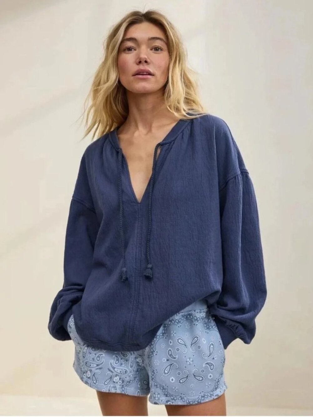 Aerie Women's Navy Blue Long-Sleeve Peasant Top